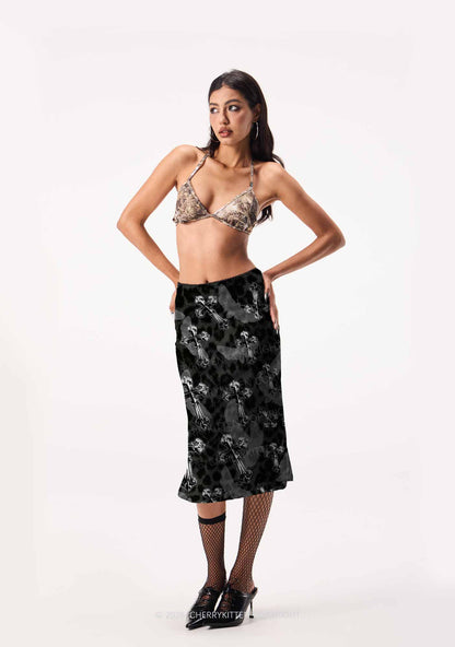 Halloween Gothic Cross Moth Leopard Y2K Print Midi Skirt Cherrykitten