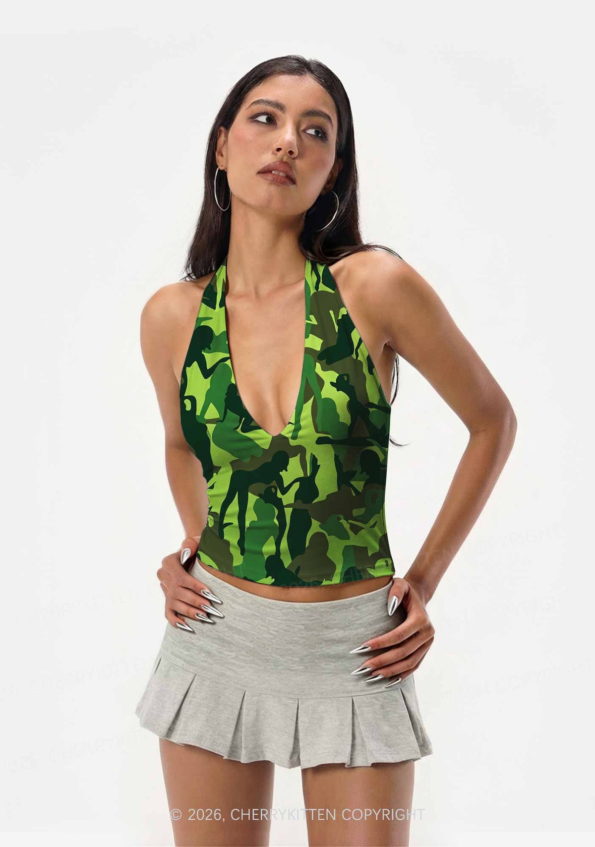 Green Camo Women Figure Y2K Print Halter Deep V Neck Cami Cherrykitten