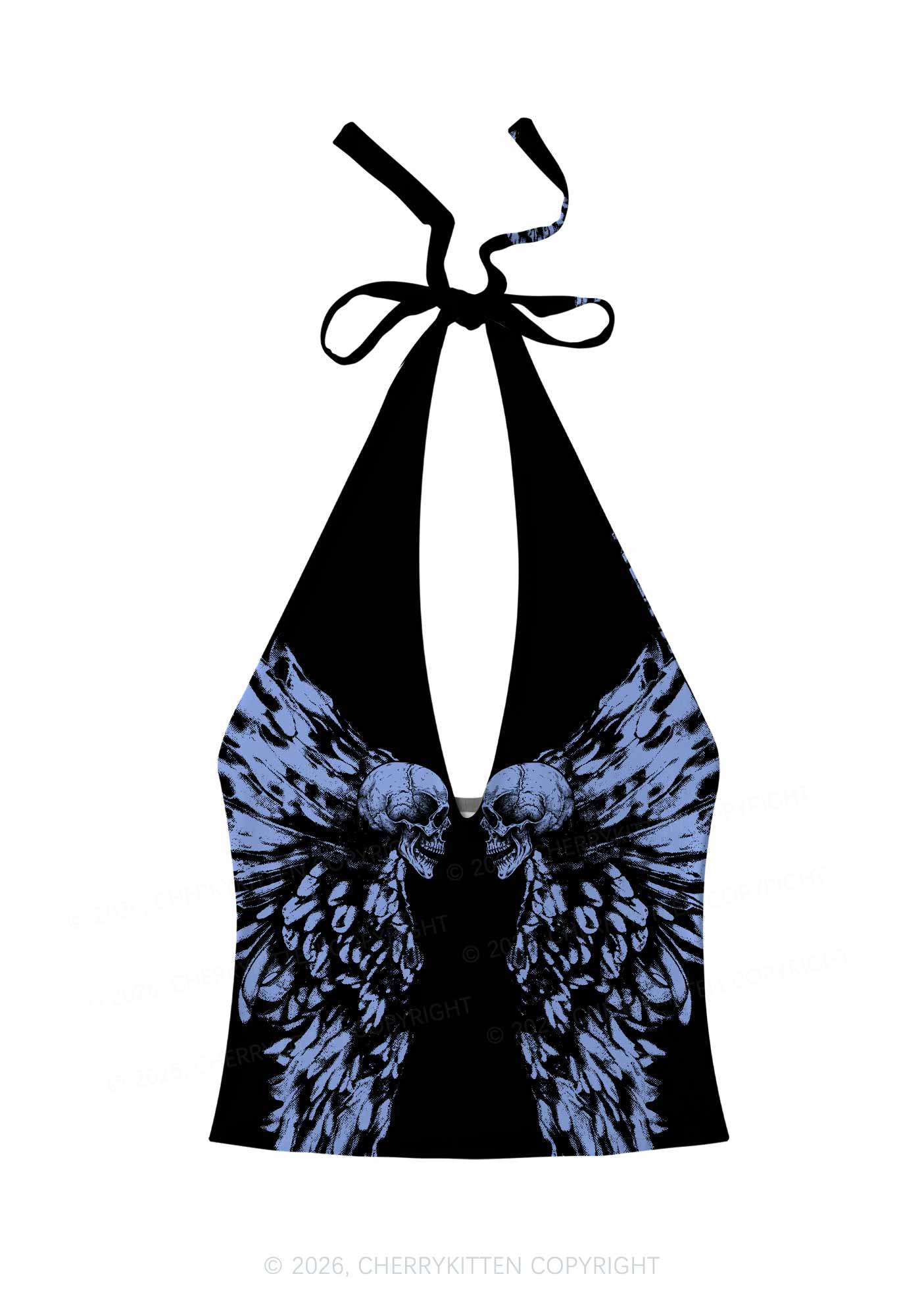 Halloween Blue Skull Angel Wings Y2K Print Halter Deep V Neck Cami Cherrykitten