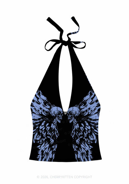 Halloween Blue Skull Angel Wings Y2K Print Halter Deep V Neck Cami Cherrykitten