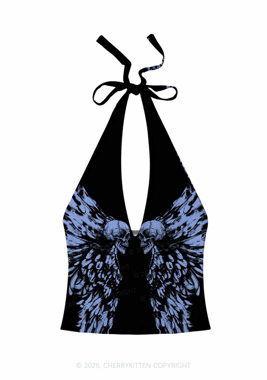Halloween Blue Skull Angel Wings Y2K Print Halter Deep V Neck Cami Cherrykitten