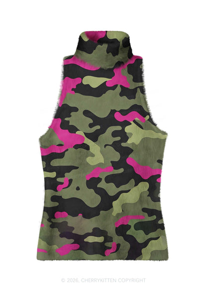 Green And Hot Pink Camo Y2K Knit Turtleneck Tank Top Cherrykitten