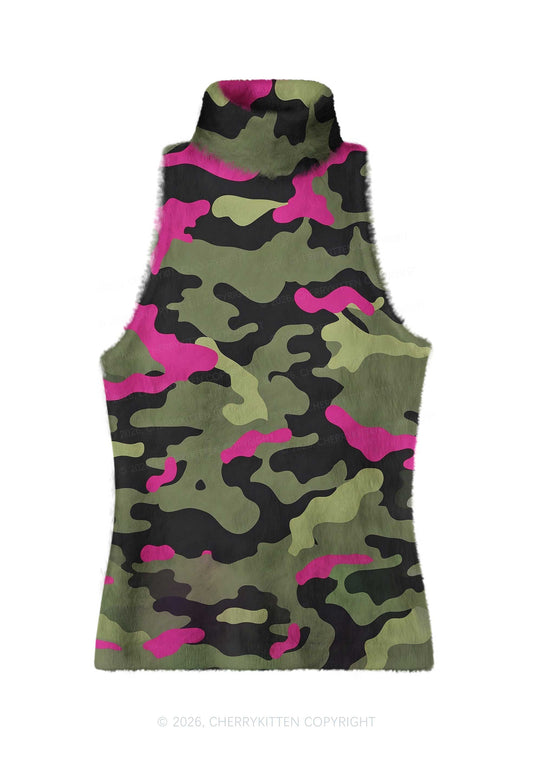 Green And Hot Pink Camo Y2K Knit Turtleneck Tank Top Cherrykitten
