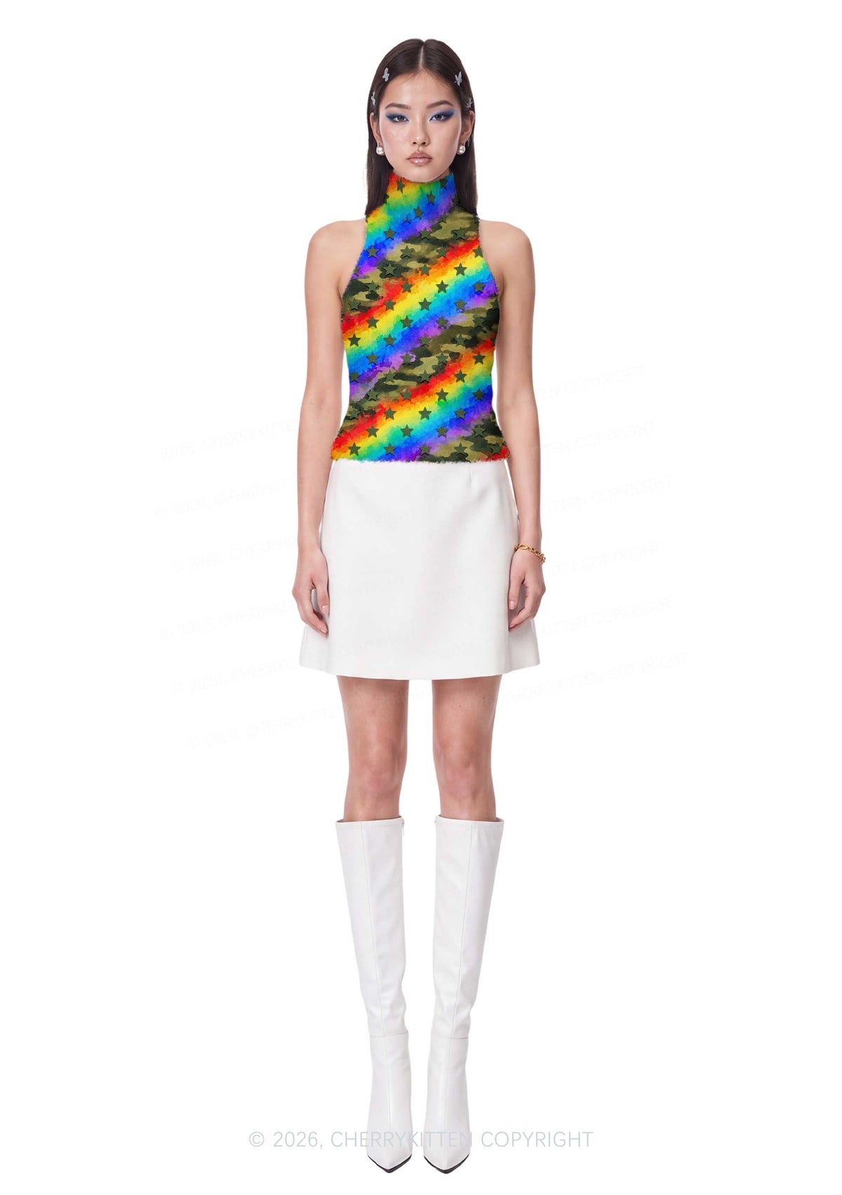 Rainbow Camo Star Y2K Knit Turtleneck Tank Top Cherrykitten