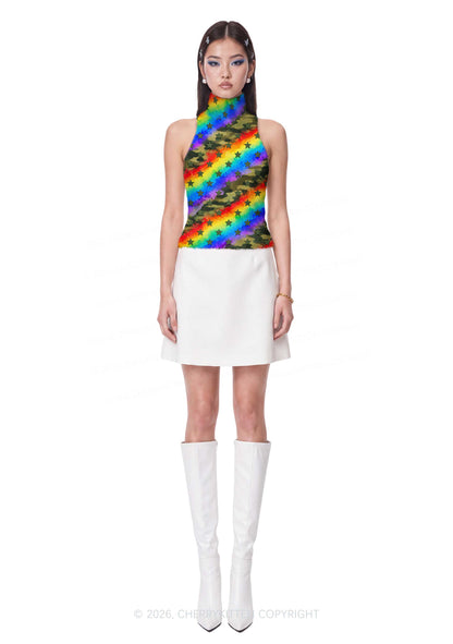 Rainbow Camo Star Y2K Knit Turtleneck Tank Top Cherrykitten