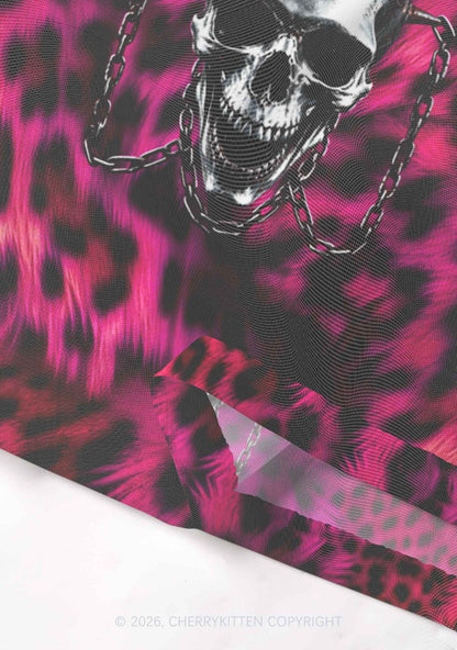 Halloween Spiked Skull Leopard Y2K Mesh Crop Top Cherrykitten
