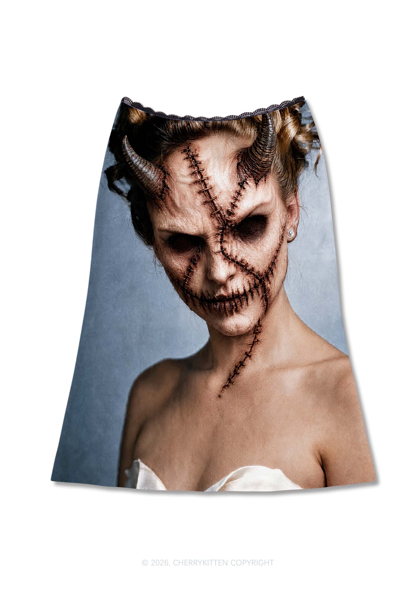 Halloween Scar Horned Demon Woman Y2K Print Midi Skirt Cherrykitten