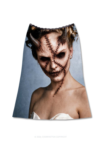 Halloween Scar Horned Demon Woman Y2K Print Midi Skirt Cherrykitten