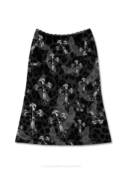 Halloween Gothic Cross Moth Leopard Y2K Print Midi Skirt Cherrykitten