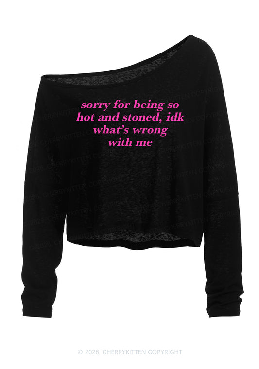 Sorry For Being Hot And Stoned Y2K Off Shoulder Long Sleeve Crop Top Cherrykitten
