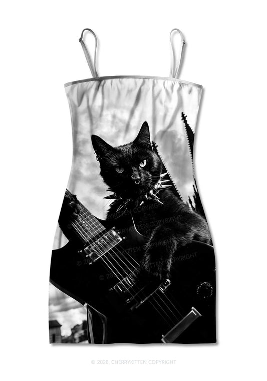 Halloween Guitar Black Cat Y2K Print Slip Dress Cherrykitten