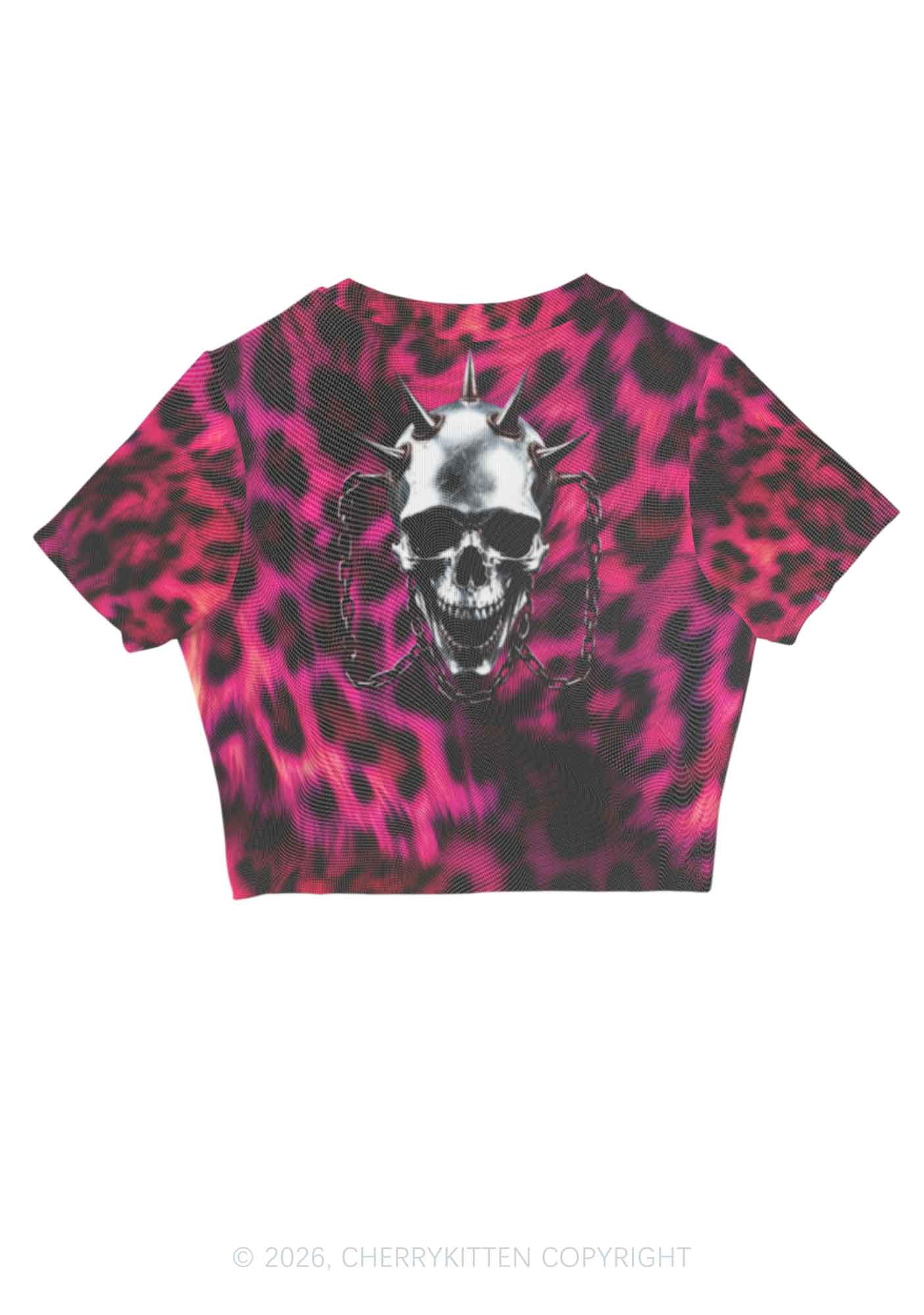 Halloween Spiked Skull Leopard Y2K Mesh Crop Top Cherrykitten