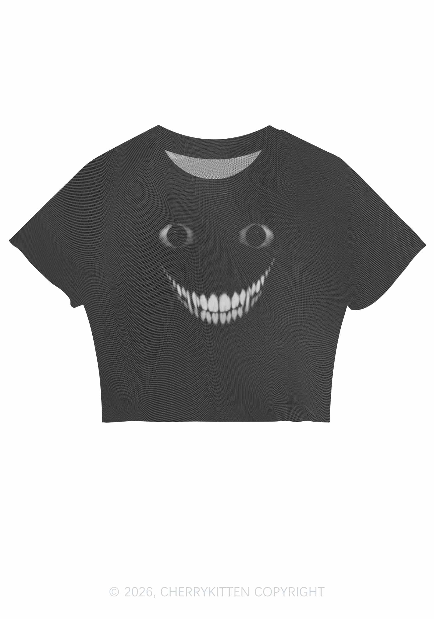 Halloween Black Creepy Grin Y2K Mesh Crop Top Cherrykitten