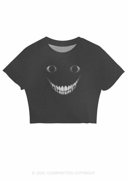 Halloween Black Creepy Grin Y2K Mesh Crop Top Cherrykitten