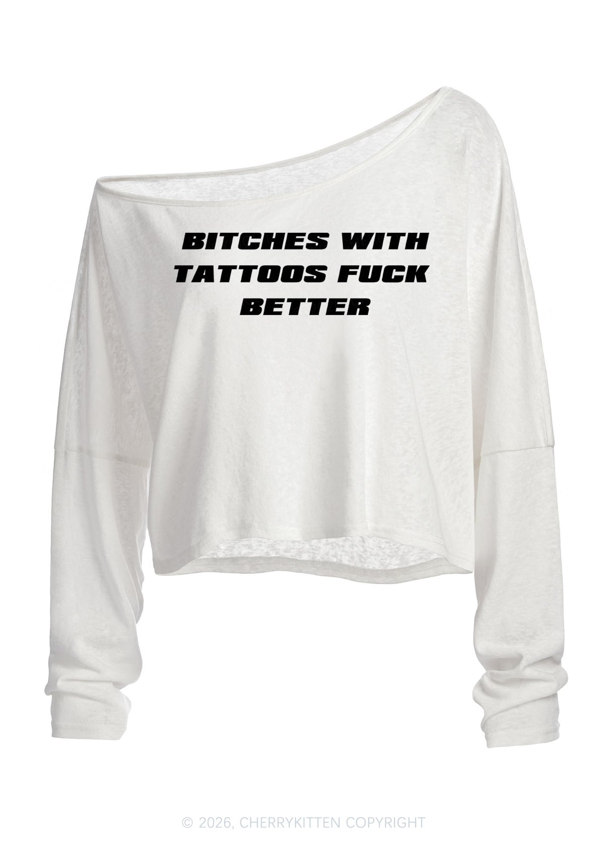 Bxxches With Tattoos Fxxk Better Y2K Off Shoulder Long Sleeve Crop Top Cherrykitten