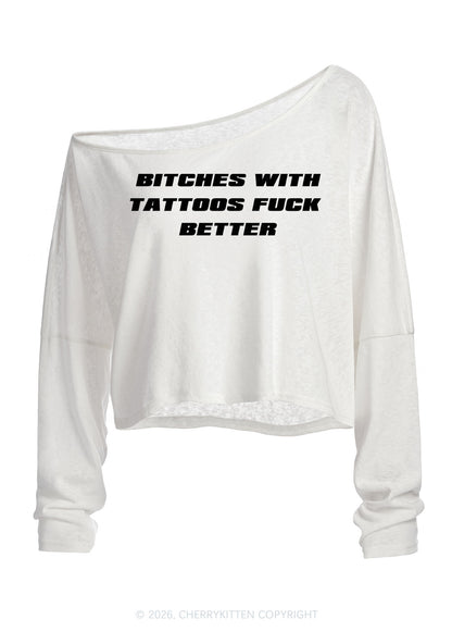 Bxxches With Tattoos Fxxk Better Y2K Off Shoulder Long Sleeve Crop Top Cherrykitten
