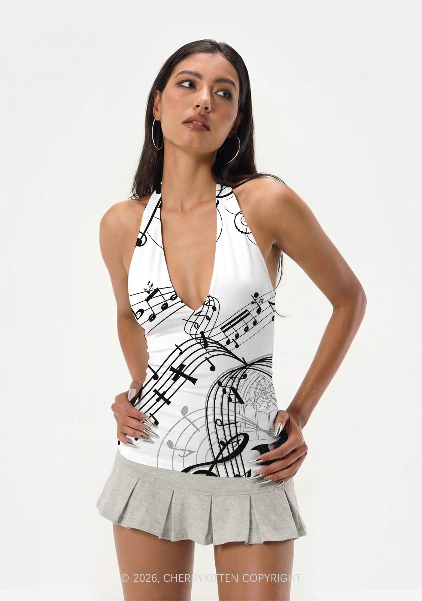 Halloween Gothic Music Note Cross Bat Y2K Print Halter Deep V Neck Cami Cherrykitten