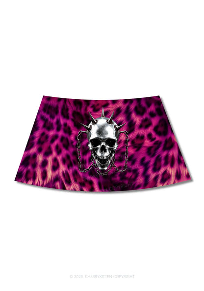 Halloween Spiked Skull Leopard Y2K Print Mini Skirt Cherrykitten