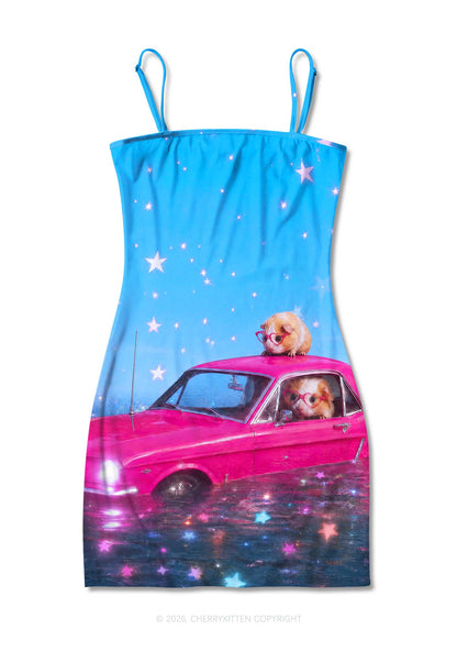 Two Guinea Pigs On Pink Car Y2K Print Slip Dress Cherrykitten