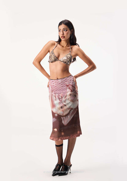 Halloween Two Baby Bats Y2K Print Midi Skirt Cherrykitten