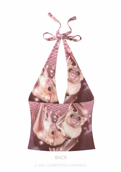 Halloween Two Baby Bats Y2K Print Halter Deep V Neck Cami Cherrykitten