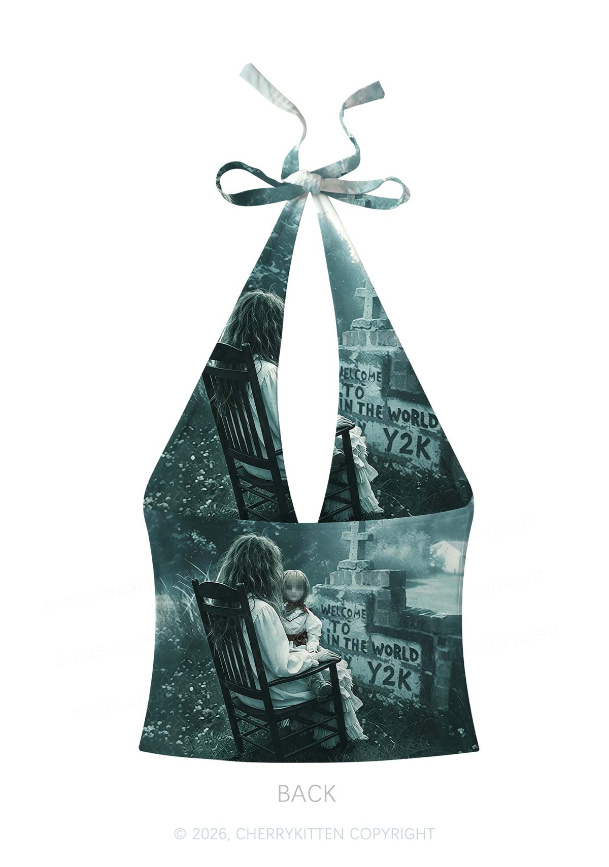 Halloween Graveyard Doll Y2K Print Halter Deep V Neck Cami Cherrykitten
