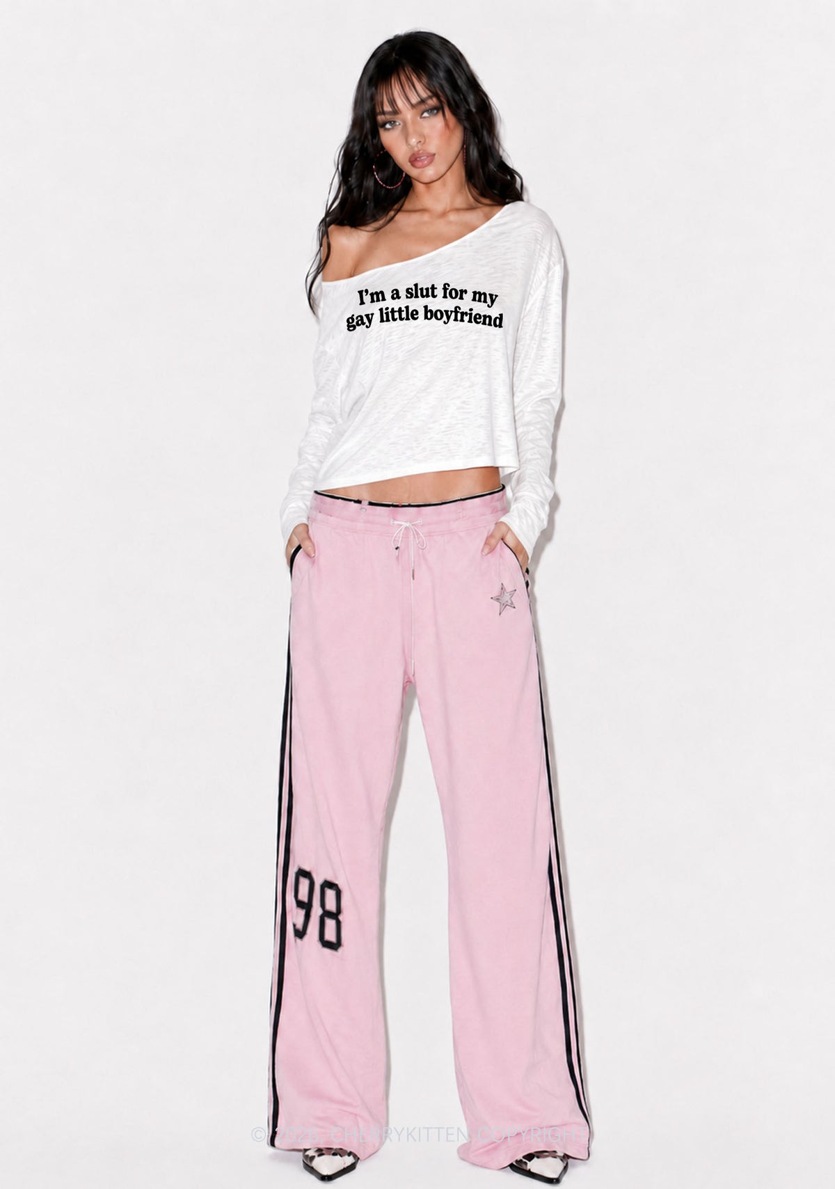 Slxt For My Gay BF Y2K Off Shoulder Long Sleeve Crop Top Cherrykitten