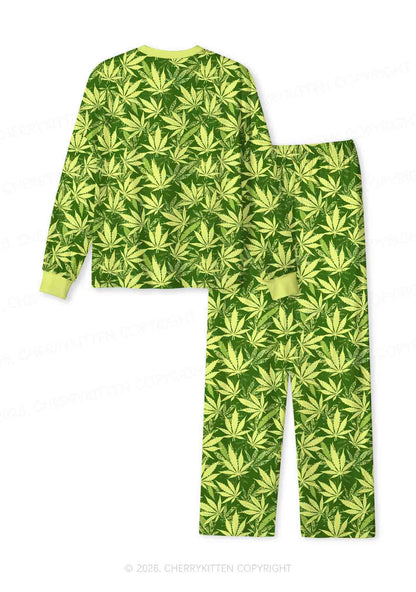 Green Wxxd Leaf Y2K Print Long Sleeve Pajama Set Cherrykitten