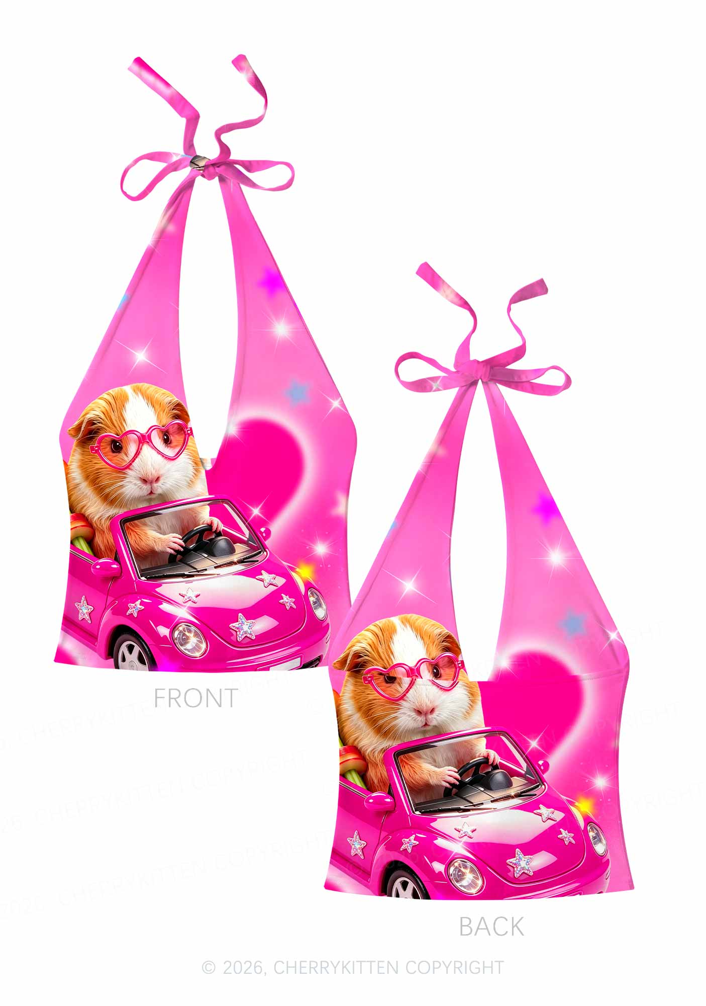Pink Car Guinea Pig Y2K Print Halter Deep V Neck Cami Cherrykitten