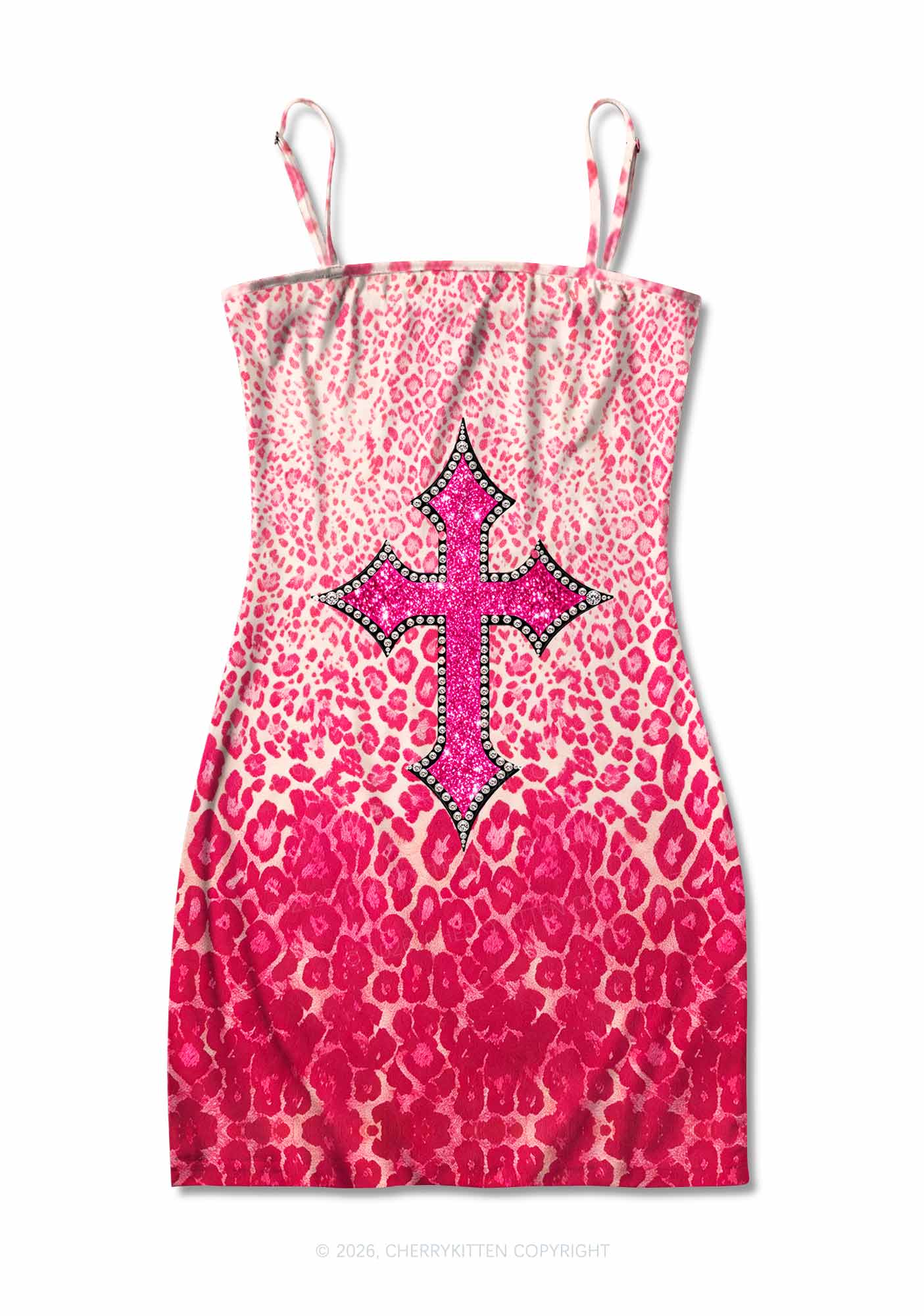 Halloween Pink Leopard Cross Y2K Print Slip Dress Cherrykitten