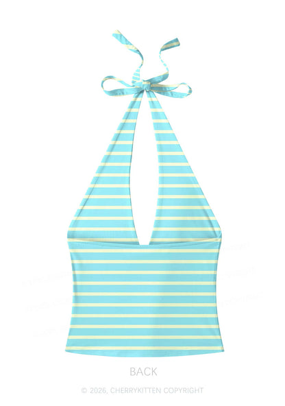 Mint Yellow Stripes Y2K Print Halter Deep V Neck Cami Cherrykitten