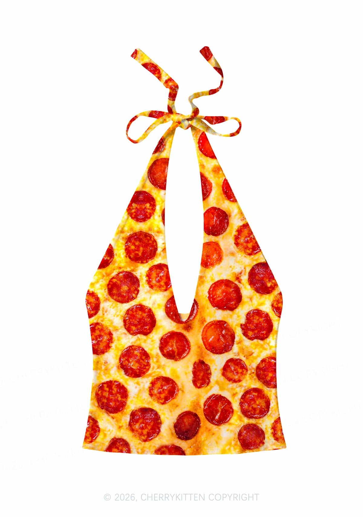 Sausage Pizza Y2K Print Halter Deep V Neck Cami Cherrykitten