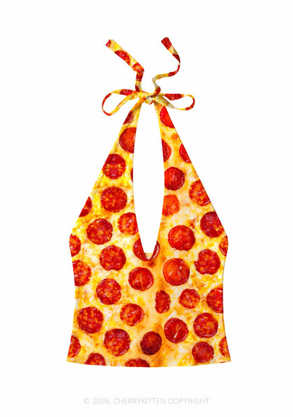 Sausage Pizza Y2K Print Halter Deep V Neck Cami Cherrykitten
