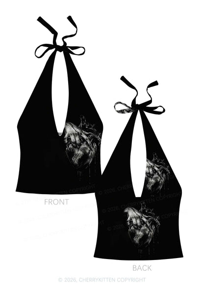 Halloween Monster Hand Bleeding Heart Y2K Print Halter Deep V Neck Cami Cherrykitten