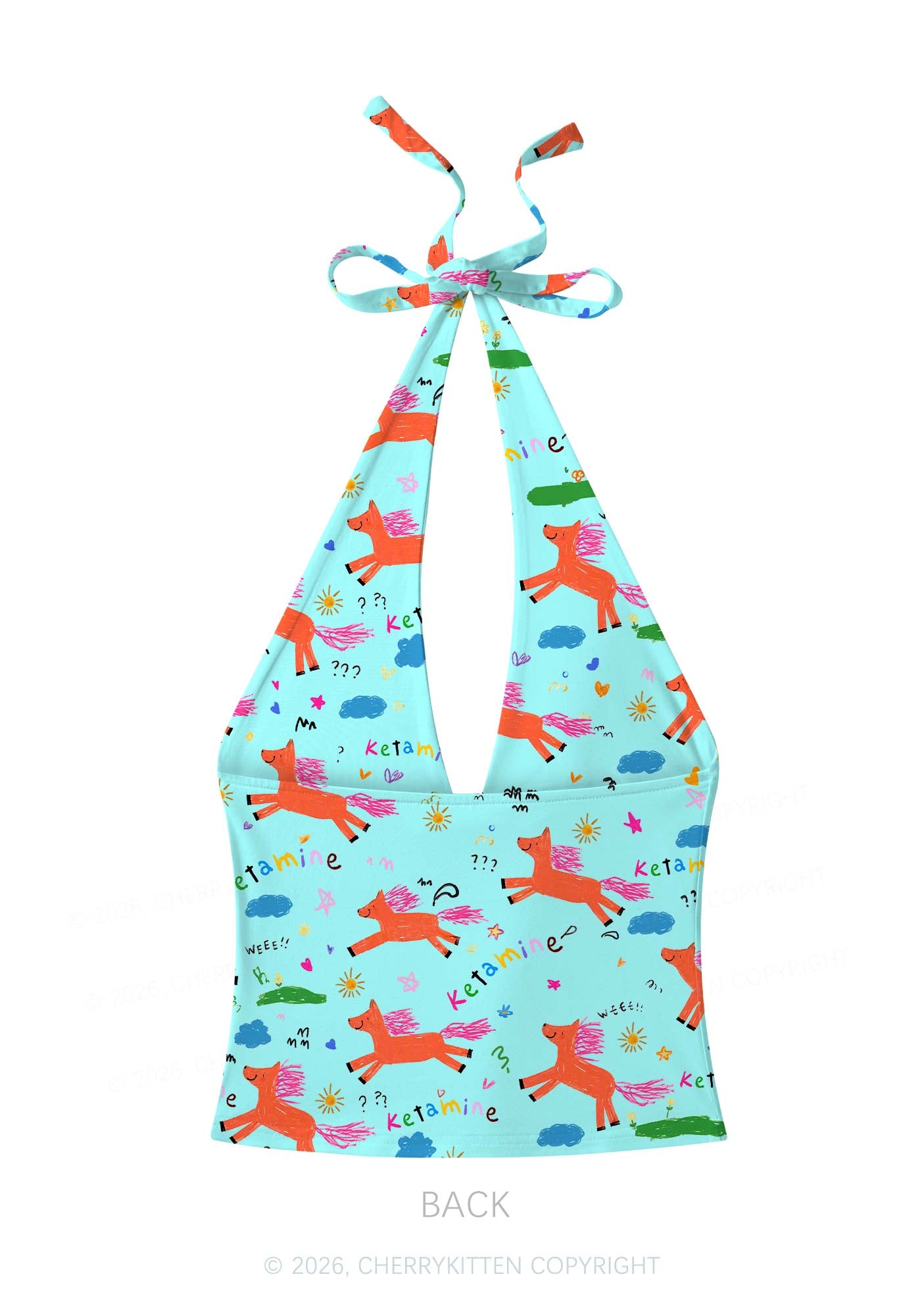 Orange Pony On Mint Green Y2K Print Halter Deep V Neck Cami Cherrykitten