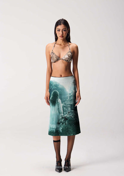 Halloween Graveyard Bunny Doll Y2K Print Midi Skirt Cherrykitten