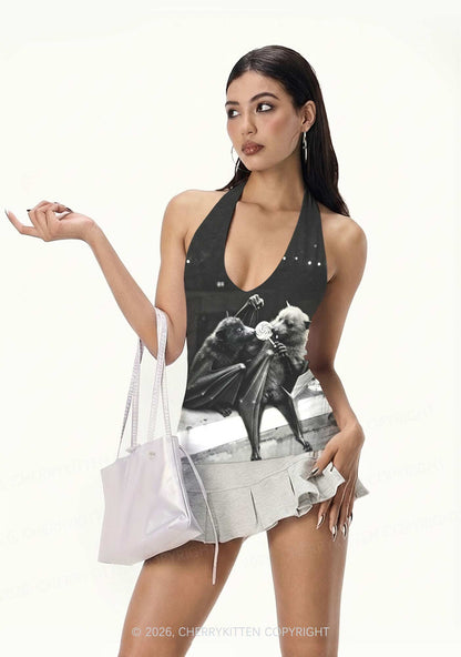 Halloween Lollipop Bat Y2K Print Halter Deep V Neck Cami Cherrykitten