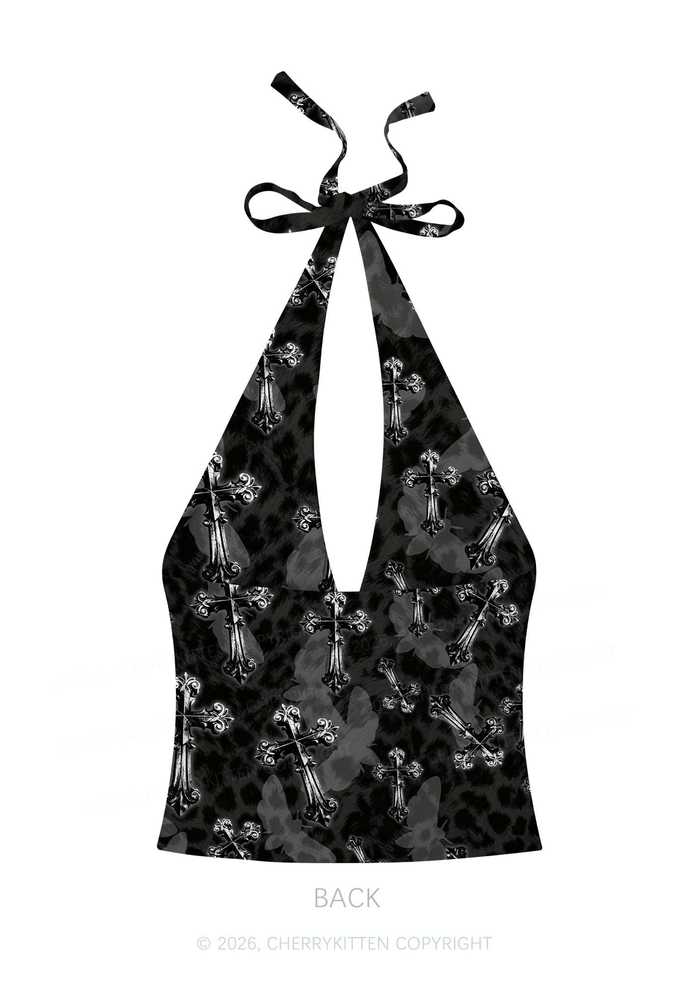 Halloween Gothic Cross Moth Leopard Y2K Print Halter Deep V Neck Cami Cherrykitten