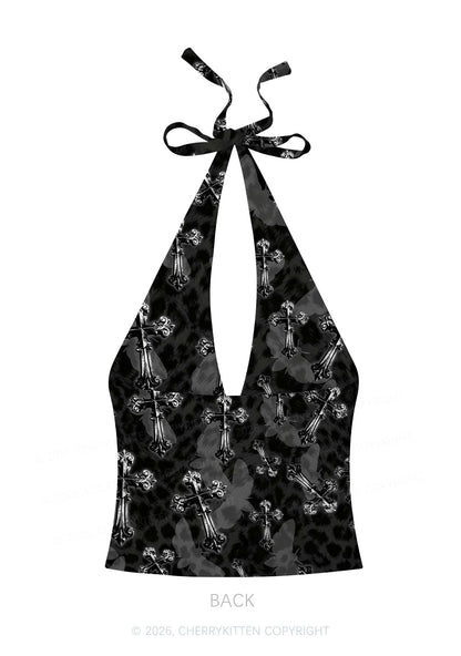 Halloween Gothic Cross Moth Leopard Y2K Print Halter Deep V Neck Cami Cherrykitten