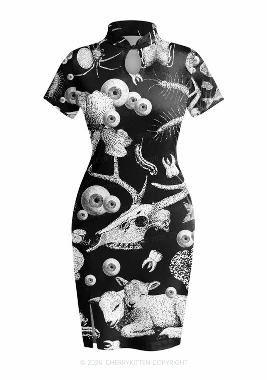 Halloween Dark Sheep Bone Y2K Cheongsam Mini Dress Cherrykitten