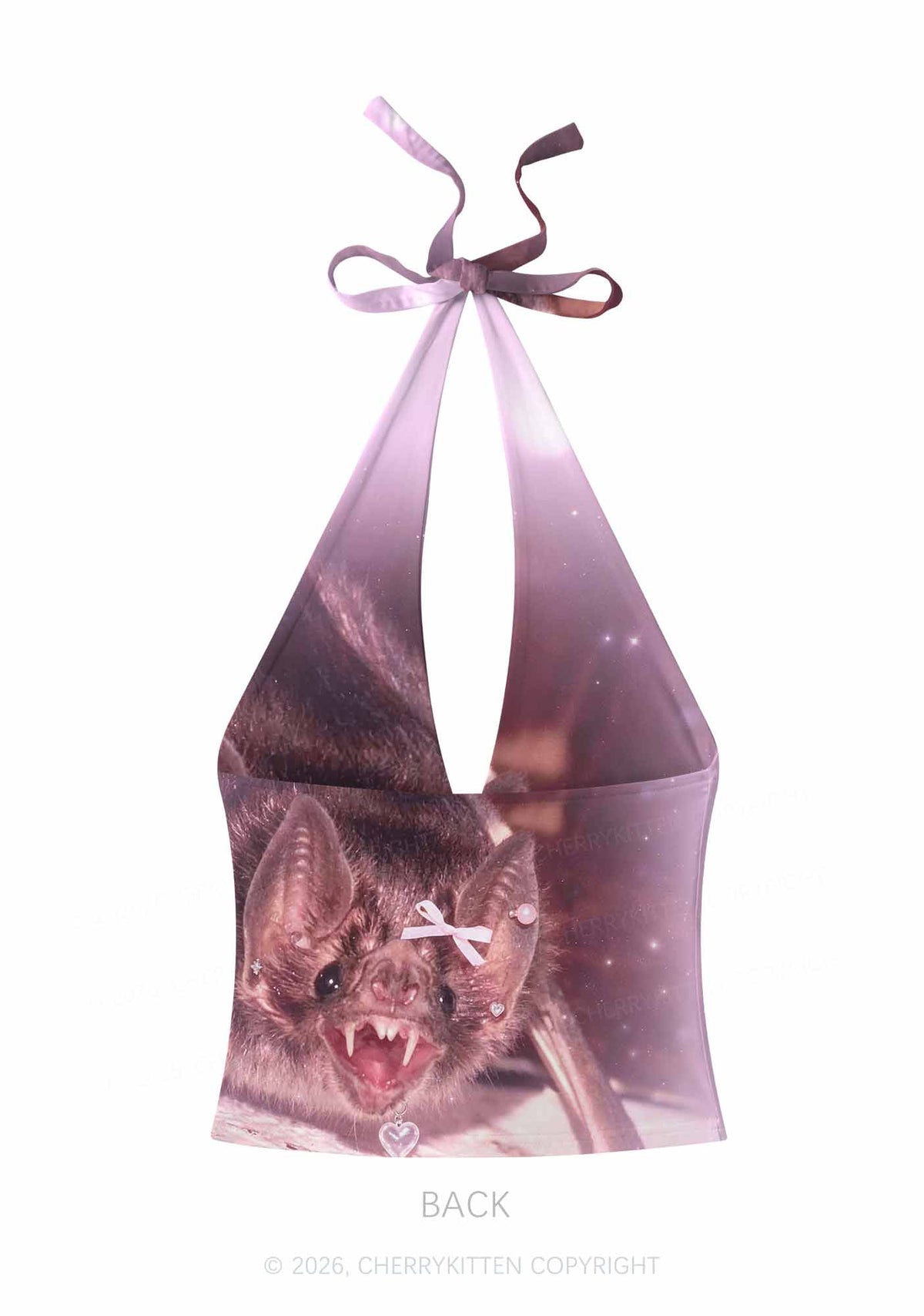 Halloween Pink Bow Bat Y2K Print Halter Deep V Neck Cami Cherrykitten