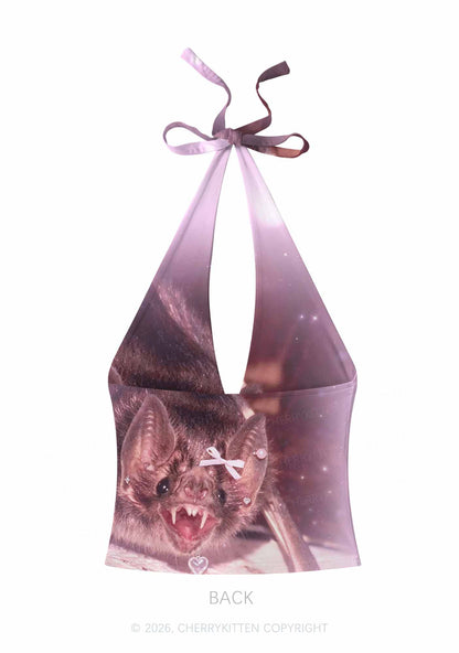 Halloween Pink Bow Bat Y2K Print Halter Deep V Neck Cami Cherrykitten