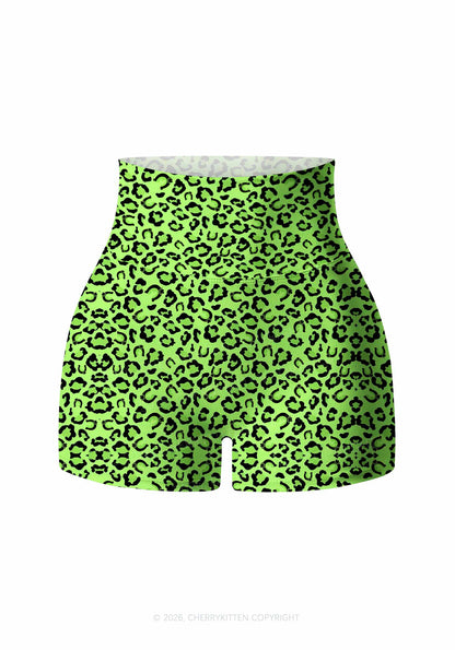 Fluorescent Green Leopard St Patricks Y2K Print Gym Shorts Cherrykitten