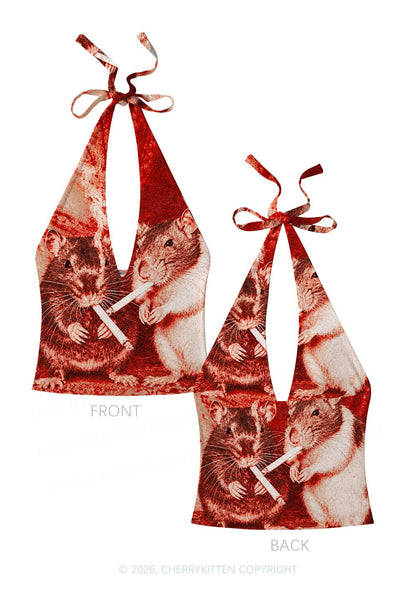 Halloween Blood Smoking Ratz Y2K Print Halter Deep V Neck Cami Cherrykitten