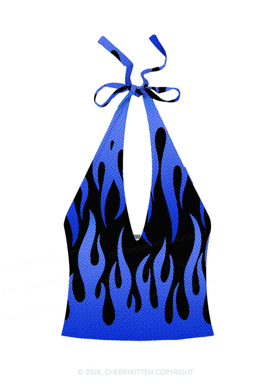 Royal Blue Flame Y2K Print Halter Deep V Neck Cami Cherrykitten