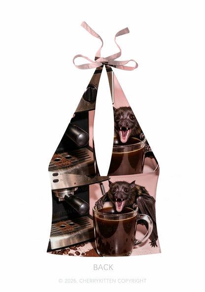 Halloween Bat Coffee Y2K Print Halter Deep V Neck Cami Cherrykitten