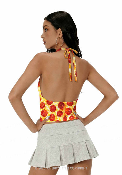 Sausage Pizza Y2K Print Halter Deep V Neck Cami Cherrykitten