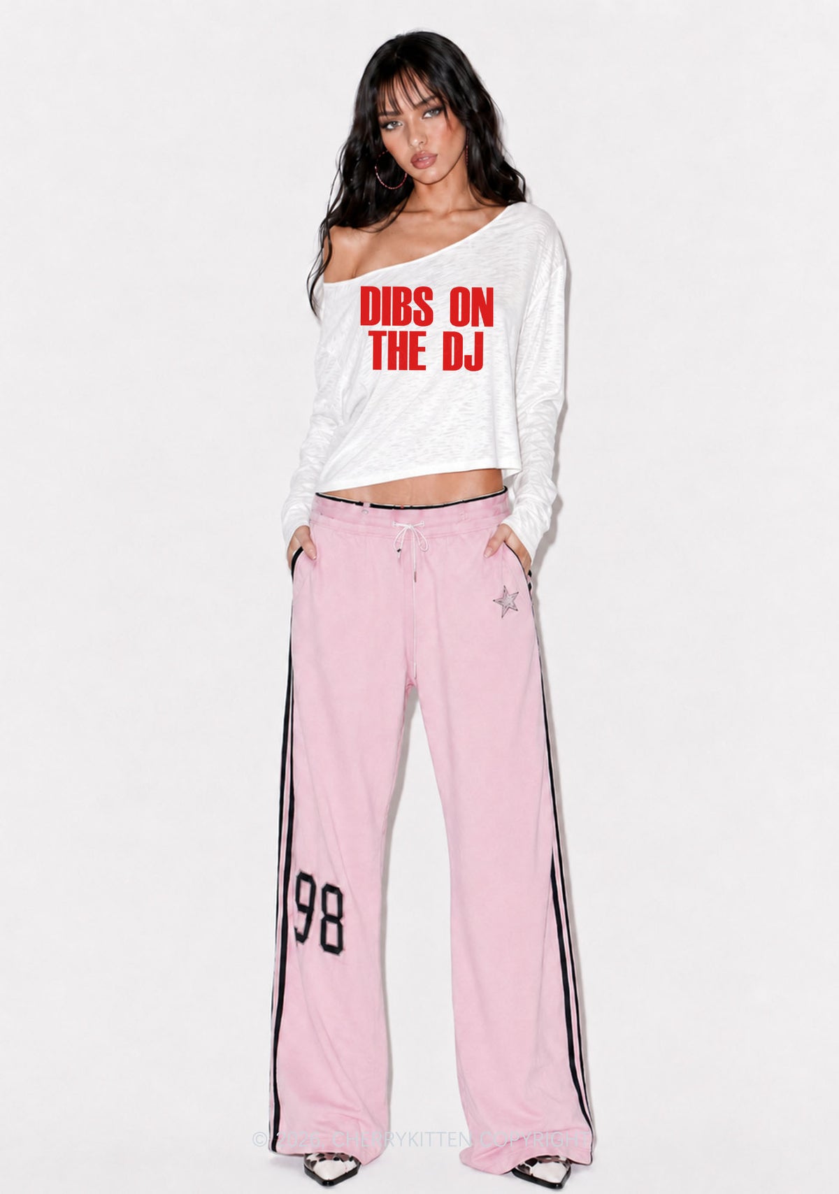 Dibs On The DJ Y2K Off Shoulder Long Sleeve Crop Top Cherrykitten