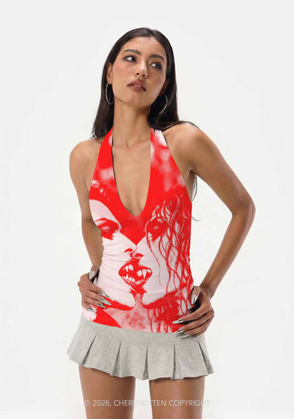 Halloween Red Pixels Vampire Couple Y2K Print Halter Deep V Neck Cami Cherrykitten