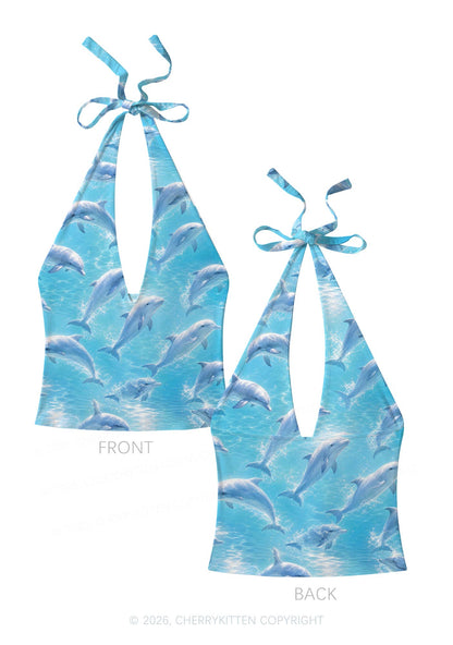 Blue Dolphin Y2K Print Halter Deep V Neck Cami Cherrykitten